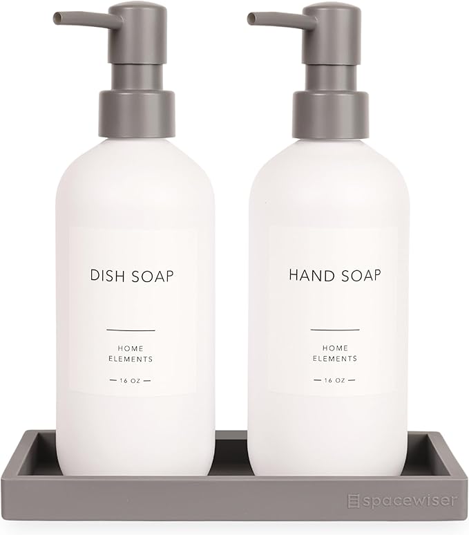 Plastic Soap Dispenser Set - PET Plastic Dish Soap Dispenser for Kitchen, Hand Soap Lotion Bottles with Pump Dispenser for Bathroom, Includes 8 Waterproof Labels, 16 oz, Gray Silicone Tray