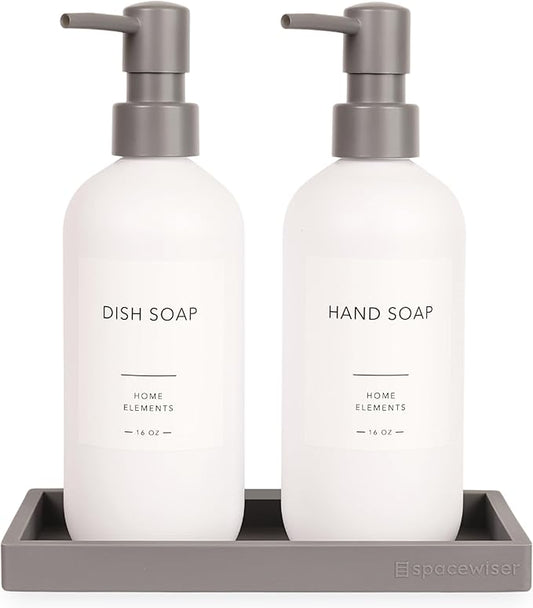 Plastic Soap Dispenser Set - PET Plastic Dish Soap Dispenser for Kitchen, Hand Soap Lotion Bottles with Pump Dispenser for Bathroom, Includes 8 Waterproof Labels, 16 oz, Gray Silicone Tray