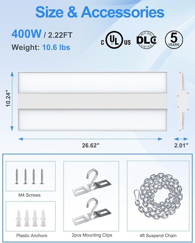 9 Pack 400W High Bay LED Lights 60,000LM, 2.22FT LED Warehosue Light UL DLC Listed, 5000K Linear Hanging Shop Fixture Dimmable 0-10V, Commercial High Bay Light for Workshop Garage Factory, AC100-277V