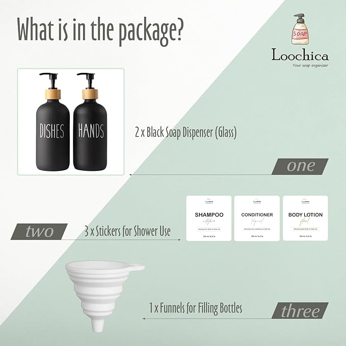 2 Pack Black Glass Soap Dispenser Set, Matte Black Soap Dispenser for Sink, Rustic Kitchen Decor