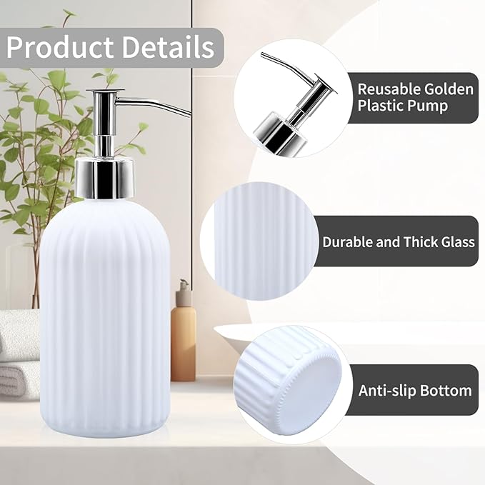 2 Pack Glass Soap Dispenser Bottle with Pump, 14 Oz Refillable Liquid Hand Jar Dispenser for Bathroom, Countertop, Kitchen, Laundry Room (White)