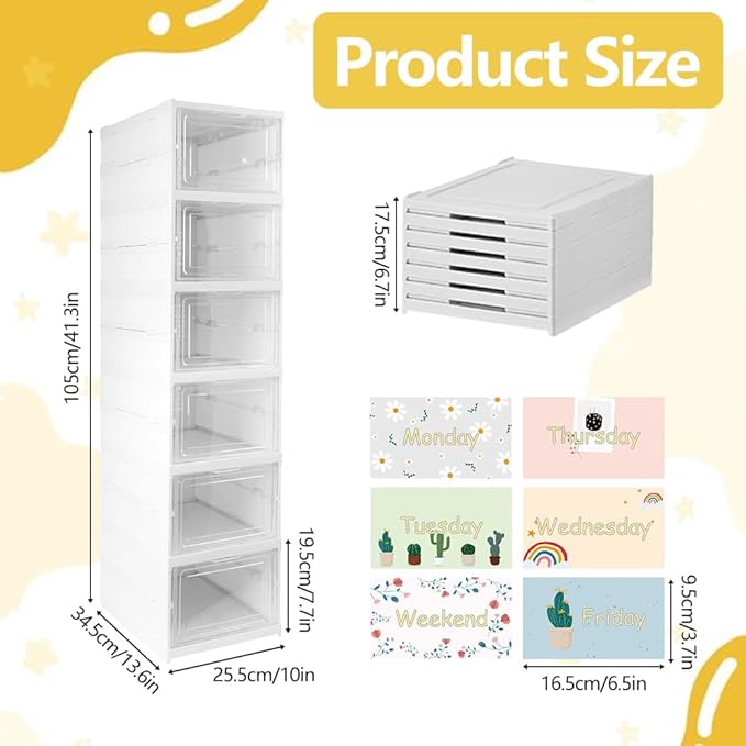 GRETJOB Weekly Clothes Organizer for Kids with Doors - 6-Tier Hanging Closet Shelves, Foldable Storage Cubby for Boys Girls, Durable Plastic Wardrobe Cabinet, Monday Through Friday Sorter