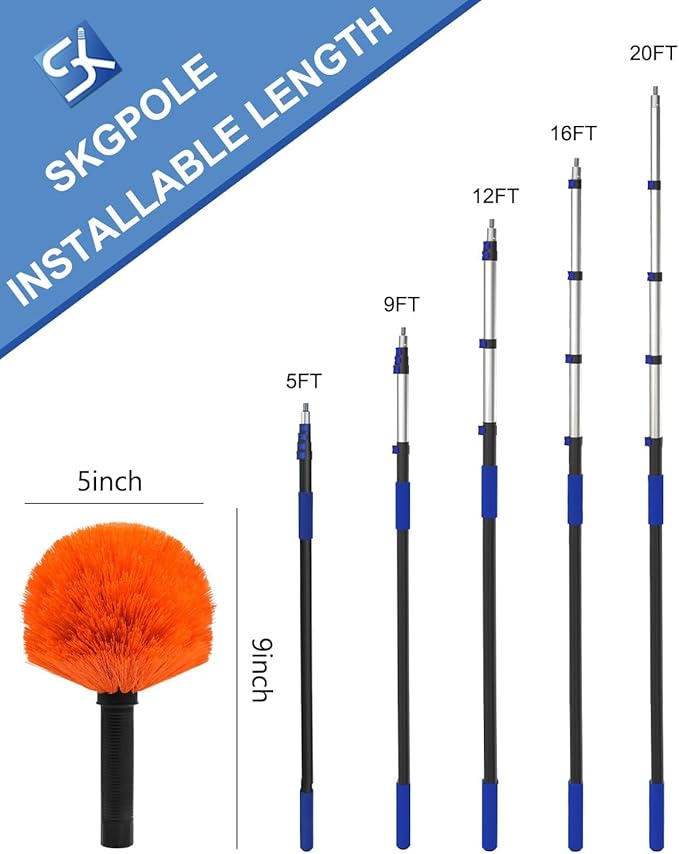 26FT Reach Cobweb Duster, Outdoor Spider Web Cleaner Brush with 5-20FT Telescoping Extension Pole, Aluminium Heavy Duty, Medium Stiff Bristles Spider Web Brush for Outdoor & Indoor Cleaning