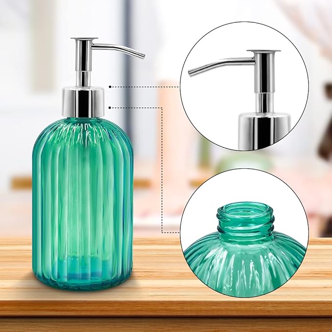 Pack of 2 Glass Soap Dispenser With Pump, 400 ml for Washing Up Liquid, Shampoo and Lotion, Refillable for Kitchen, Bathroom, Laundry Room (Green)
