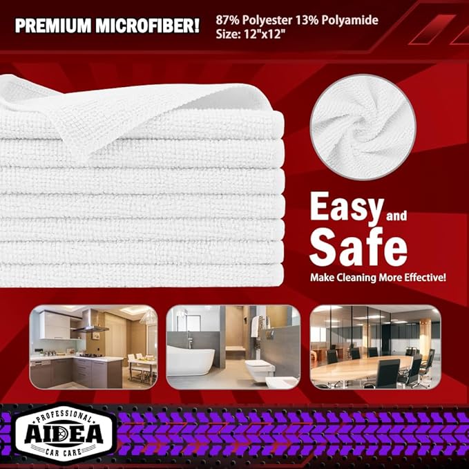 AIDEA Microfiber Cleaning Cloth White 50PK, Microfiber Towels for Cars, Premium Car Cloths, Dusting Cloth Lint Free Cleaning Rags for SUVs, House, Kitchen, Window, Workshops,12×12"