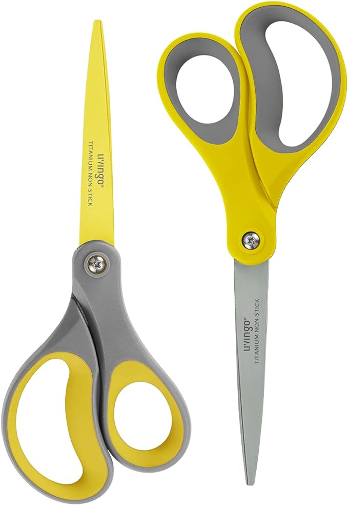 LIVINGO 8" 2 Pack Scissors, Titanium Coated Sharp Stainless Steel Non-stick Scissors All Purpose, Comfort Grip Handles Shears for Office Home Supplies Crafting DIY Cutting Tape Adhesive General Use