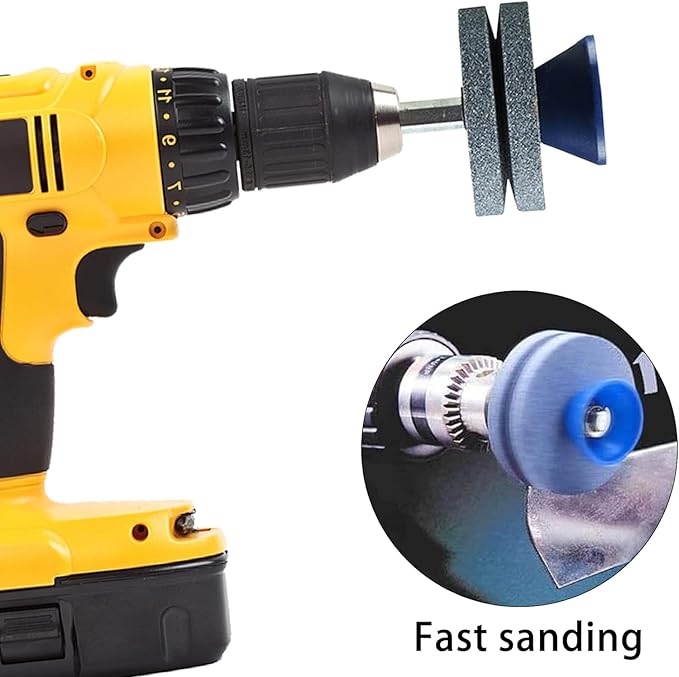 4PCS Lawn Mower Blade Sharpener, Double Layer Corundum Lawnmower Blade Sharpener with Blade Balancer, Universal Wear Resistant Mower Blade Sharpener for Any Power Drill Hand Drill
