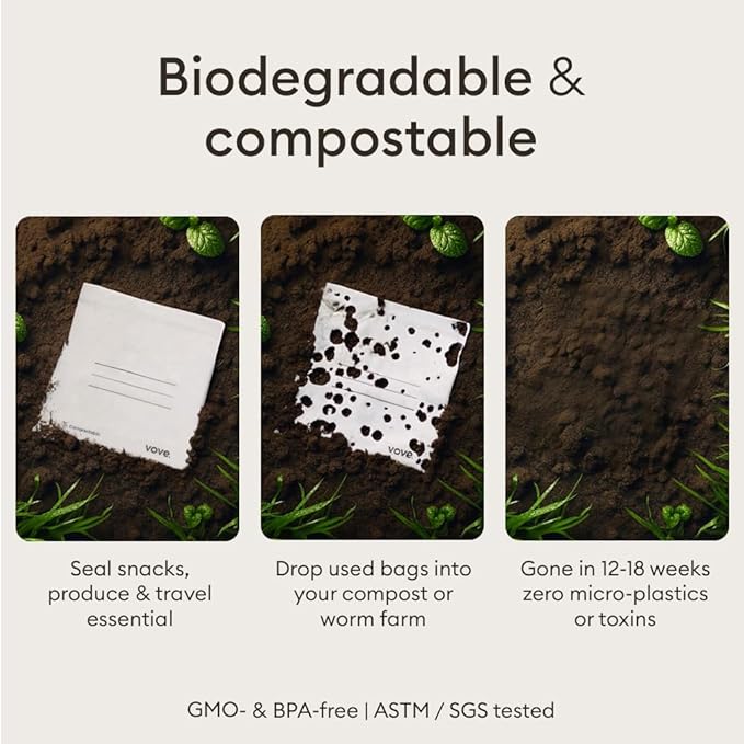 Vove Compostable Storage Bag Bundle, 140 Count Multi-Size S/M/L/XL – Freezer Safe, Resealable, Non Toxic Bags for Food, Meal Prep & Snacks, Plastic-Free Eco Bags