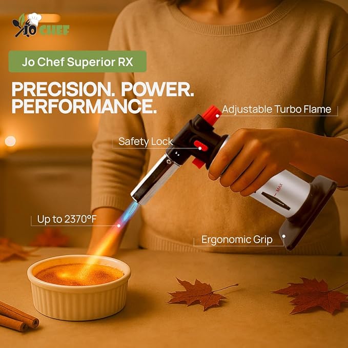 Jo Chef Kitchen Torch with Butane Included – Refillable Lighter with Safety Lock & Adjustable Flame, Blow Culinary Torch for Cooking, BBQ, Creme Brulee, DIY and Soldering - 1 Can (3.38oz) Included