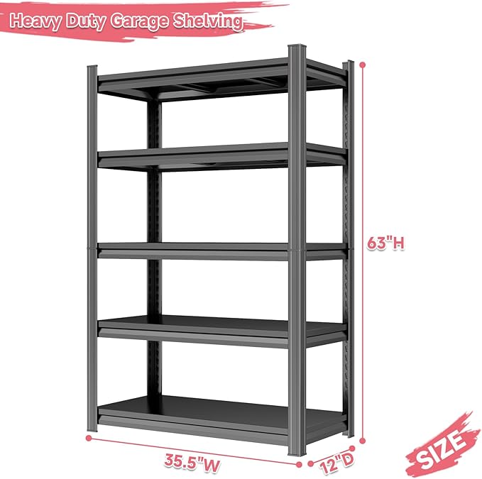 2500LBS Storage Shelves, 35.5" W Garage Shelving Heavy Duty, Metal Adjustable Garage Shelves, Shelving Units Industrial Shelving for Warehouse, Shelf Organizer Storage, Black