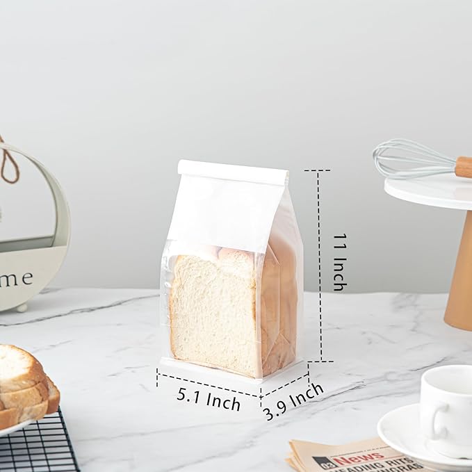 50 Pcs Bread Bags for Homemade Breads, 5.1 x 3.9 x 11 Inch Small White Bakery Bags with Tin Tie, Cotton Paper Loaf Bag, Storage Packing Bag with Clear Window