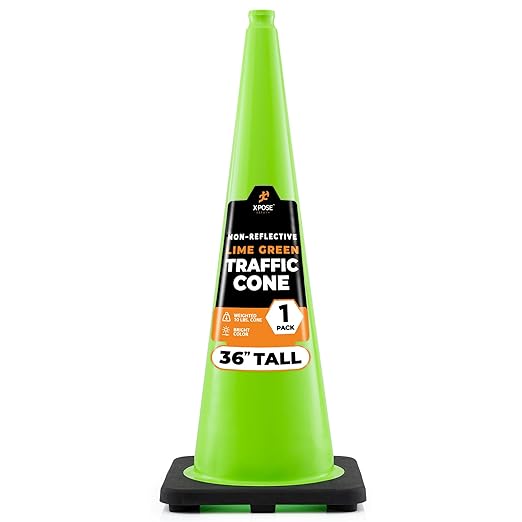 Xpose Safety 36” Lime Green Traffic Cone - 1 Pack - Premium PVC Safety Cone for Parking, Caution, Construction, Road Crews, Emergency Vehicle - DOT Approved
