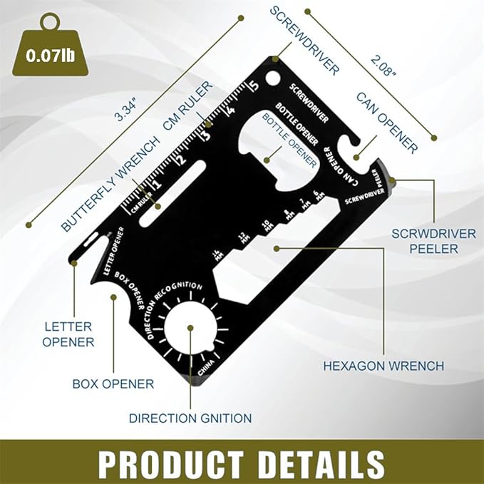2 Pack Credit Card Multitool - Stainless Steel EDC Pocket Tool, 15-in-1 with Bottle Opener/Screwdriver/Wrench/Ruler for Camping, Hiking, Hunting, Outdoor Activities