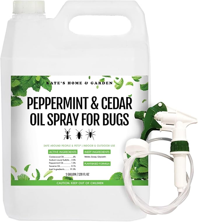 Kate's Home & Garden Peppermint Oil Spray for Bugs, Ants, Insects, Spiders. Pesticide and Insecticide Indoor Repellent Pest Control with Cedarwood Oil (Gallon, Natural, Pet Safe, Non Toxic)