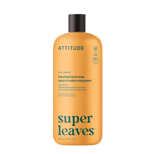 ATTITUDE Foaming Hand Soap Refill, EWG Verified, Natural & Plant-Based Hand Wash, Gentle & Moisturizing, Vegan, Orange Blossom & Eucalyptus Scent, 30 Fl Oz