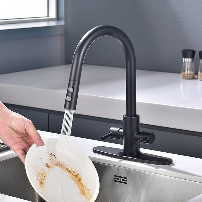Kitchen Faucet, Two Handles Sink Faucet with Sprayer, Stainless Steel, Matte Black, PB1047