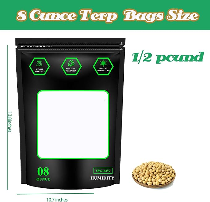 10 pack 1/2 LB Storage Terp Bags 58%-62% RH 2-Way Humidity Control Bags,Reusable Heat Sealable Bags for Curing & Food Storage, 8 Ounce Humidity bags (8oz, 1/2 lb).