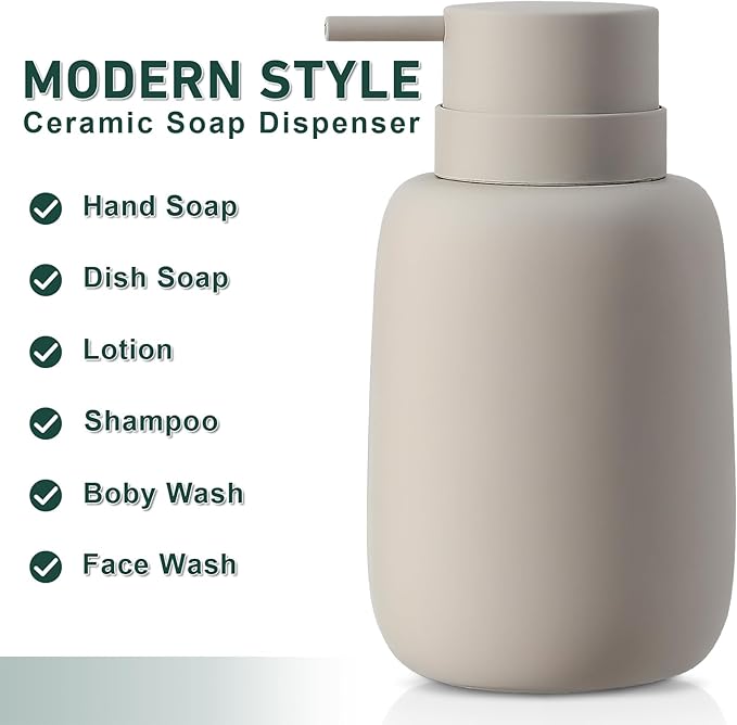 Ceramic Hand Soap Dispenser for Bathroom,16OZ Matte Dish Soap Dispenser for Kitchen Sink,Refillable Liquid Lotion Dispenser with Easy-to-Press Pump Rubber Paint (Grey)