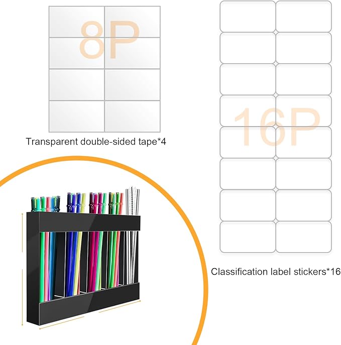 Straw Holder Acrylic for Cabinet Reusable Organizer Dispenser 5-Grid Straw Rack Comes with 8 Double-Sided Tapes and 15 Classification Label Stickers (Black)