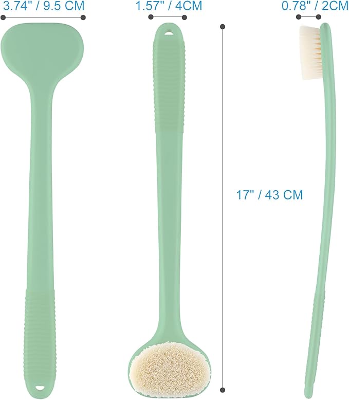 VANZAVANZU Back Scrubber for Shower, Bath Brush with 17-Inch Long Anti-Slip Handle, Wet and Dry Brushing Body Brush for Body Cleansing, Back Brush for Men and Women (Pea Green)
