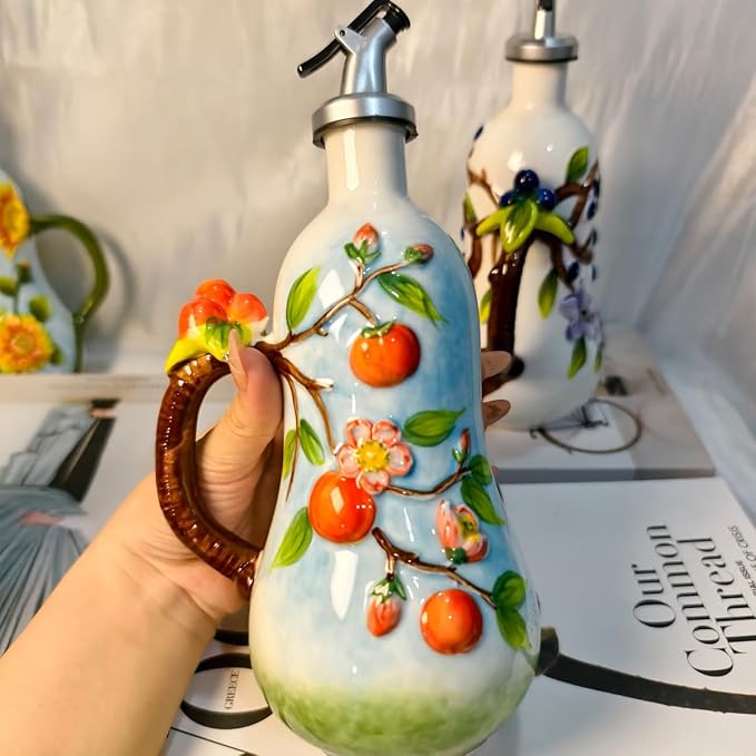 18 oz Hand-Painted Relief Ceramic Olive Oil Bottle Dispenser, with Handle Decorative Olive Oil Dispenser Bottle, for Kitchen Ceramic Oil Vinegar Bottle Seasoning Bottle with Stainless Steel Pour Spout