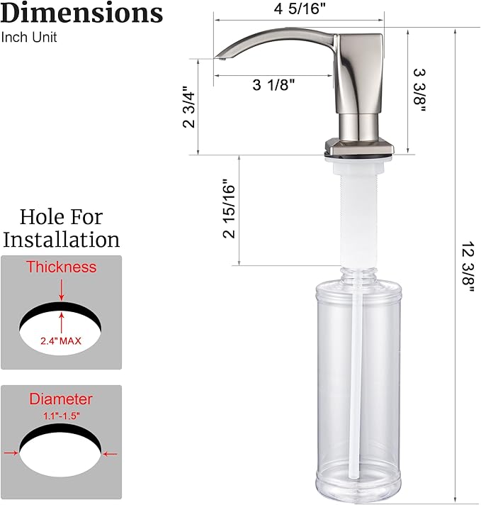 Ultimate Unicorn Kitchen Sink Soap Dispenser, Built in Soap Dispenser for Kitchen Sink, Under Sink Soap Dispenser Brushed Nickel, ABS Plastic, with 13 Ounce Soap Bottle, U-SD001BN