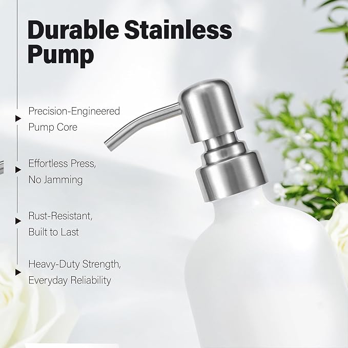 White Soap Dispenser for Kitchen Sink, Dish and Hand Soap Dispenser with Silver Stainless Steel Pump, Perfect for Kitchen Decor and Accessories. (Silver & White)