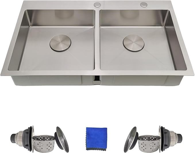 33 Inch Double Bowl Kitchen Sinks Drop In – Delironexu 16 Gauge Stainless Steel Kitchen Sink Double Bowl, 33x19 Drop In Double kitchen sink with Brushed Finish, 6 Inch Deep 50/50 Overmount Sink