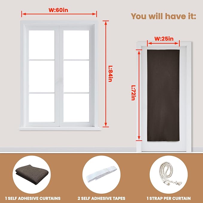 100% Blackout French Door Curtain,Adhesive, No Drilling Required,Small Curtains Designed for Installation On Doors (Dark Coffee - W25 × L72 in)