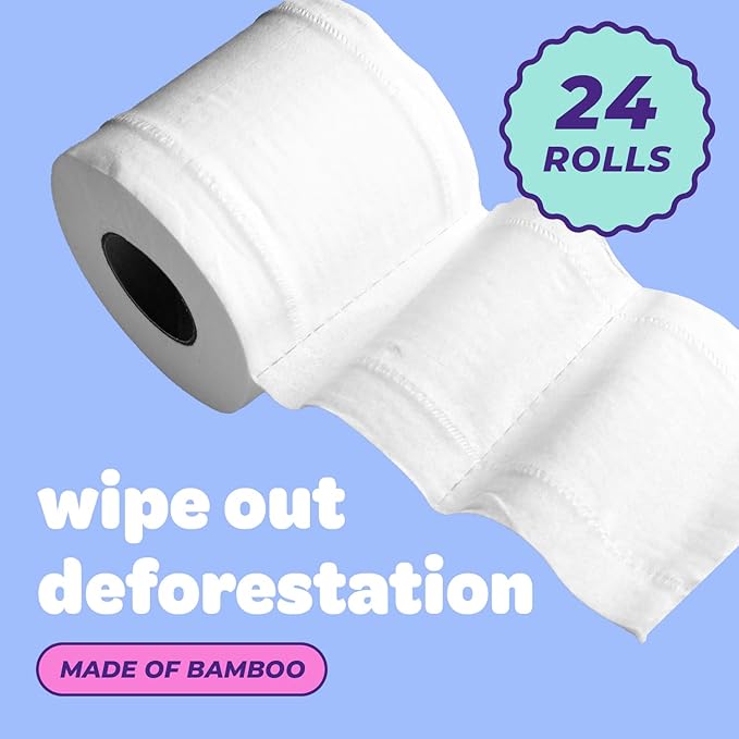 Bim Bam Boo 100% Bamboo Organic Chemical-Free Bulk Toilet Paper, Cloud-like Softness, Plant-Based Sustainable Tree-Free Bathroom Tissue, 24 Eco-Friendly Rolls, 2 Ply, 295 Sheets for RV and Camping