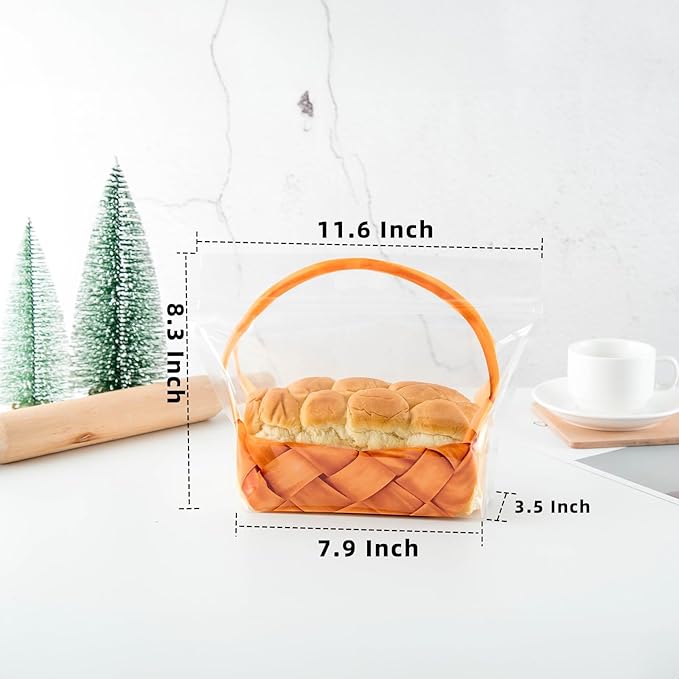 50 pcs 7.9 Inch Large Clear Bread Plastic Bags with Handle, Sealing Zipper Loaf Packaging with Basket Pattern for Homemade Bread Cookie, Bakery Cafe