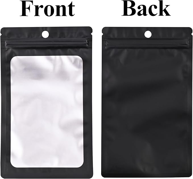 100 Pack Resealable Plastic Bags for Food Storage, Zipper Bags with Clear Front Window, Packaging Pouch for Small Business (Black, 5.1x8.3 inch)