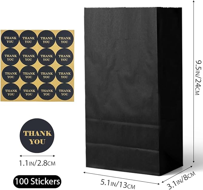 Bakepacker 100 Pcs Black Treat Paper Bags with 100 Stickers 5.1"x3.1"x9.4" Kraft Small Party Gift Bag Snack Bag without Handle