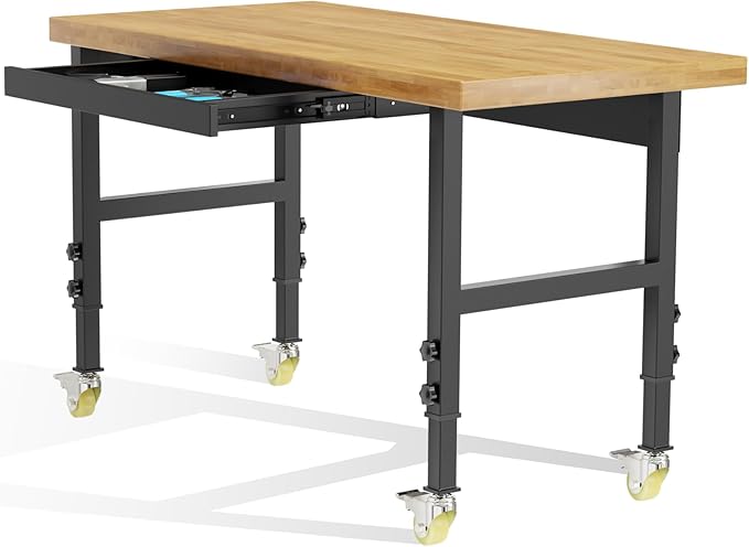 48” Heavy-Duty Solid Wood Work Bench Work Table with Wheels, Adjustable Height Portable Workbench with Power Outlets, 3000 Lbs Capacity Workstation for Garage, Workshop, Office