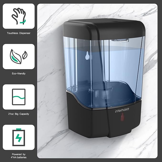 interhasa! Soap Dispenser, Touchless Hand Sanitizer Dispenser Wall Mount Automatic Kitchen Soap Dispenser for Commercial Home, Office, 600ml/20oz Black