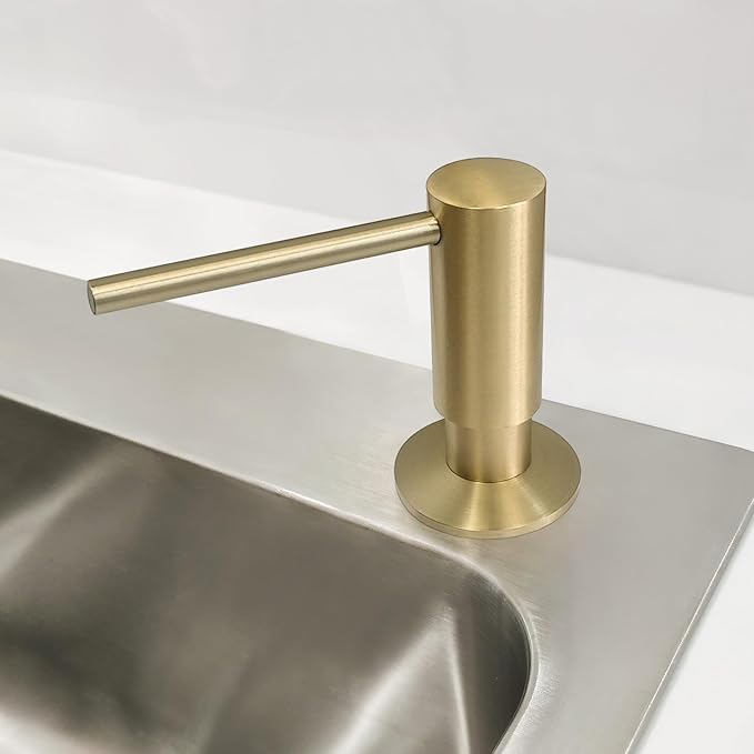 Brushed Gold Built in Dish Soap Dispenser for Kitchen Sink with 17 OZ PET Soap Bottle Refill from The Top, Under Counter Brass Pump Head Liquid Lotion Dispenser, Undermount Copper Pump Head
