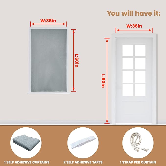 Adhesive Curtain,100% Blackout Curtains, No Drilling, Suitable for Multi-Scenes Privacy Protection (Light Gray - W35 × L60 in)