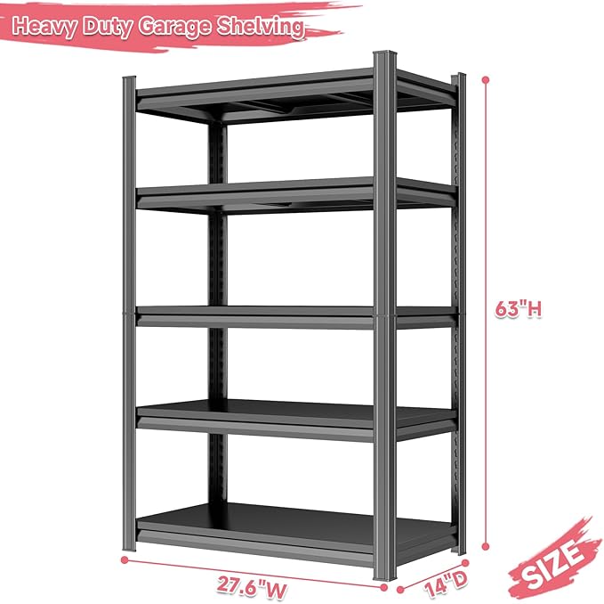 Garage Shelving Heavy Duty, 5-Tier Adjustable Storage Shelves Unit, Shelf Organizer Storage, 2500 LBS Metal Utility Rack Shelf for Industries, Warehouses, Basement, Black