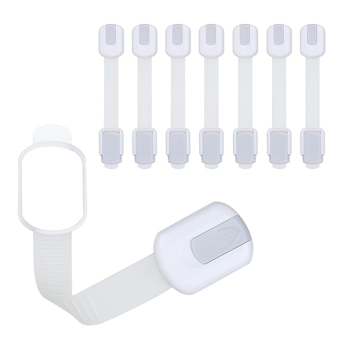 Child Safety Cabinet Locks (8 Pack) – Adjustable Baby Proofing Strap Latches with Strong 3M Adhesive – No Drill Childproof Locks for Drawers, Cabinets, Fridge, Door, Closet, Grey