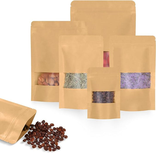 50pcs Kraft Bags with Window 3.5x5.5 Inches Brown Reusable Sealable Zip Lock Food Storage Stand up Paper Pouches for Home or Business
