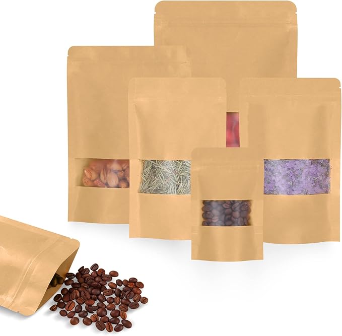 100pcs Kraft Bags with Window 5.9x8.6 Inches Brown Reusable Sealable Zip Lock Food Storage Stand up Paper Pouches for Home or Business