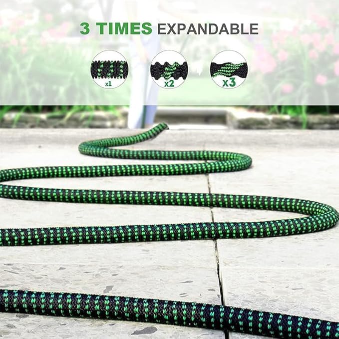 50FT Expandable Garden Hose - with 10-Function Spray Nozzle - Lightweight, Flexible, 3/4" Solid Brass Fittings-Green
