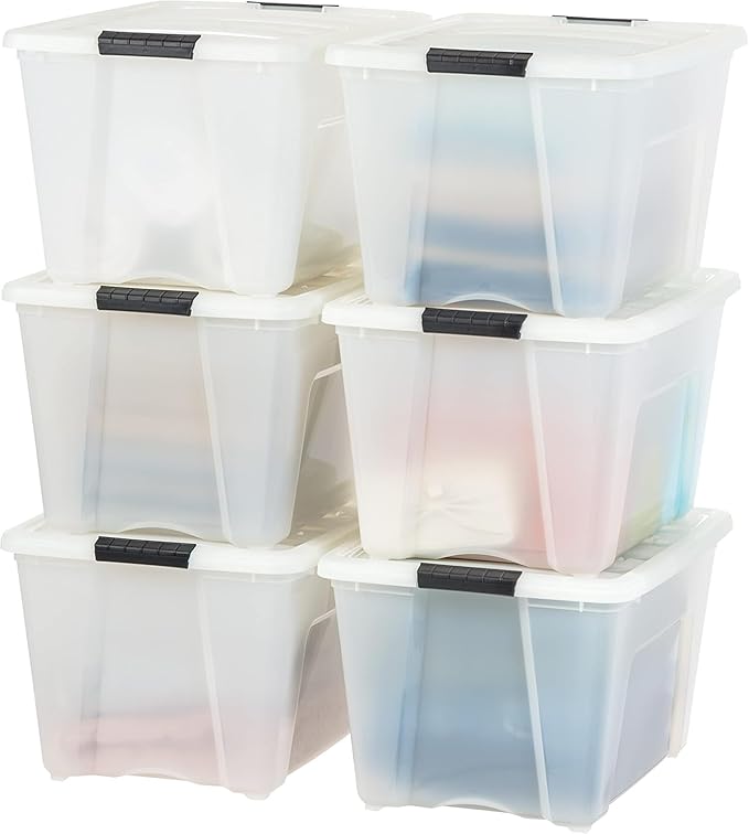 IRIS 158540 53 Quart Stack and Pull Storage Lidded Container Stacking System in Pearl for Home, Garage, or Office (6 Count)