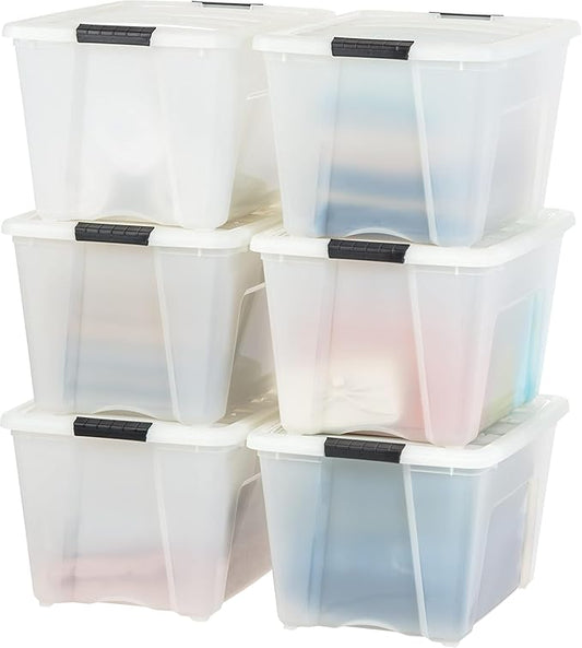IRIS 158540 53 Quart Stack and Pull Storage Lidded Container Stacking System in Pearl for Home, Garage, or Office (6 Count)