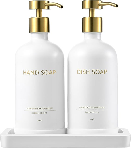 Glass Soap Dispenser Set with Ceramic Tray, 16.9 floz Hand and Dish Soap Dispenser for Bathroom Decor, White and Gold Kitchen Accessories (White Bottles + Gold Pumps)