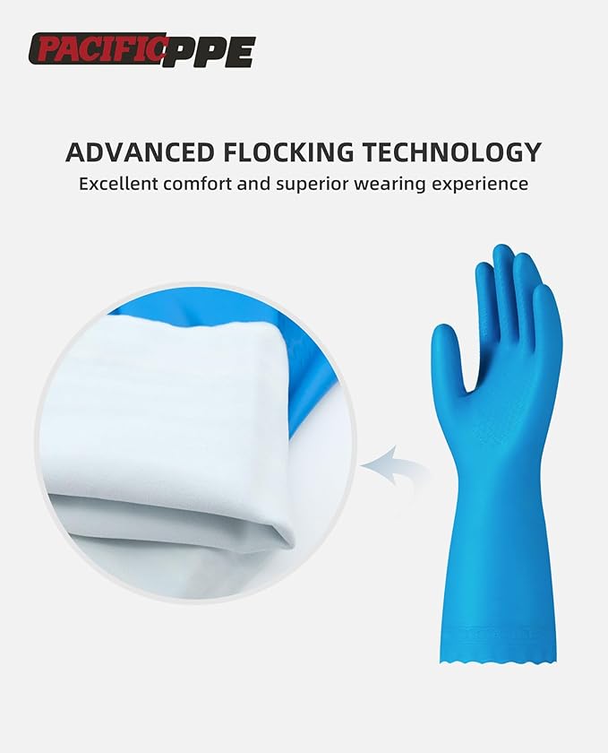 PACIFIC PPE 2 Pairs Reusable Dishwashing Cleaning Gloves, Household, Kitchen, Cotton Liner, Blue, Small