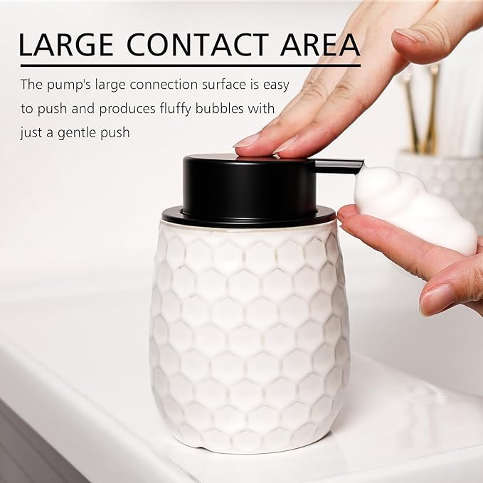 Foaming Soap Dispenser, 13OZ Ceramic Foam White Hand Soap Dispenser with Honeycomb Design for Kitchen or Bathroom, Refillable Dish Lotion Dispenser, ANTIS'S HOME