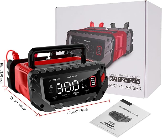 30 AMP Car Battery Charger, 6V/12V/24V Lead-Acid, Lithium, LiFePo4 Smart Battery Charger, Large Screen Trickle Charger, Fully Automatic Chargers and Maintainer for Car, Motorcycle, Lawn Mower