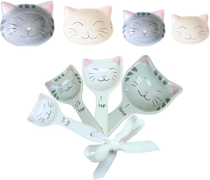 Cute Measuring Cups and Spoons Set - Cat Mom Gifts for Women - Cat Kitchen Accessories for Baking Gifts - Ceramic Measuring Spoons for Unique Baking Supplies - Fun & Decorative Kitty Cup for Cooking