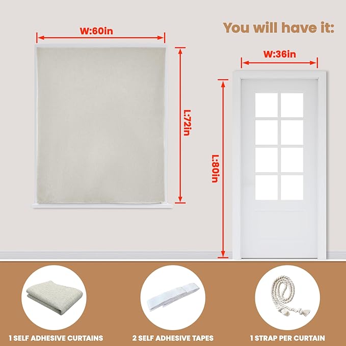 Adhesive Curtain,100% Blackout Curtains, No Drilling, Suitable for Multi-Scenes Privacy Protection (Light Beige - W60 × L72 in)